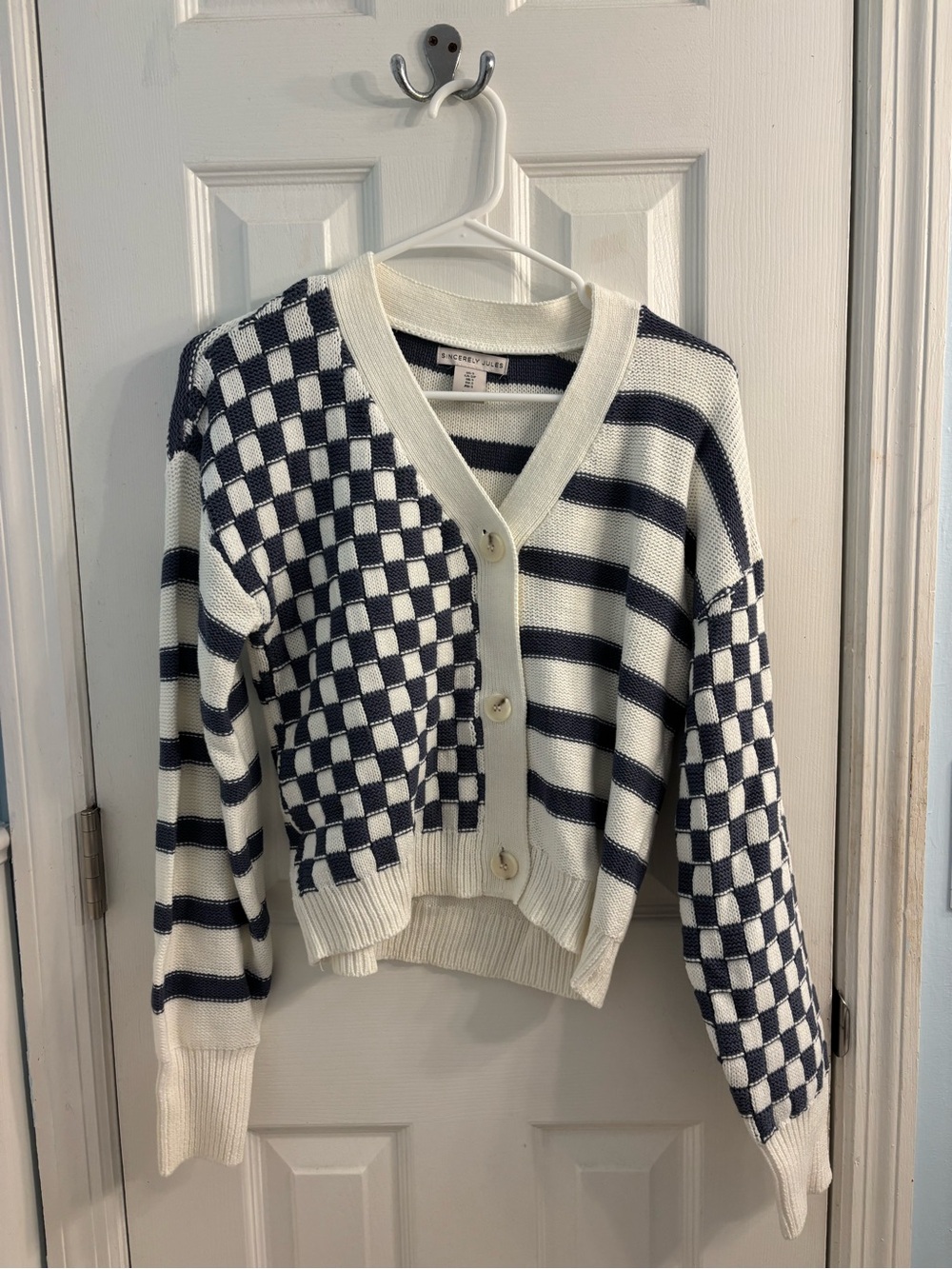Sincerly Jules Navy and Cream Checkered Stripe Button Cardigan